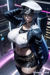 2d 2d_(artwork) abdomen abdominals abs ai_generated akame_ga_kill! anime anime_style artits:sky4maleja belly_button belt beret beret_only big_breasts blue_eyes blue_hair breasts building buildings choker city city_background cityscape crop_top cyberpunk esdeath_(akame_ga_kill!) eyes eyes_open female female_focus female_only fit fit_female from_above from_side glass glasses glasses_on_face glasses_only gloves hair hands-free hands_behind_head hat hat_only high_resolution highres hood hourglass_figure huge_breasts jacket jacket_open light light-skinned_female light_skin lips lipstick long_hair military military_hat military_jacket miniskirt navel neck neon neon_lights night night_sky nose pose posing posing_for_picture posing_for_the_viewer realistic seductive seductive_eyes seductive_look seductive_mouth seductive_pose serious serious_look shiny shiny_clothes shiny_hair shiny_skin skirt sky sky4maleja sleeveless socks straight thick_thighs thighs tight tight_clothes tight_clothing tight_fit very_long_hair waist watermark weapon window window_light