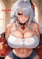 1girls abs acheron_(honkai:_star_rail) ai_generated alternate_hair_color big_breasts choker cleavage hair_between_eyes honkai:_star_rail luscious_lips nihilous red_eyes short_shorts tank_top thick_thighs white_hair