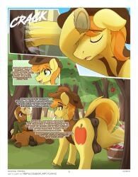 absurd_res anus balls braeburn_(mlp) brown_body butt clothed clothing comic cowboy_hat czu detailed_background dialogue duo english_text equid equine equine_anus eyes_closed feral friendship_is_magic fur genitals hasbro hat headgear headwear hi_res horn male mammal my_little_pony mythological_creature mythological_equine mythology outside plant puffy_anus quadruped tail text tree trenderhoof_(mlp) unicorn yellow_body