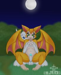 bat blue_eyes breast_grab breasts chair_position duo dust:_an_elysian_tail erection felid feline female feral fidget fidget_(elysian_tail) from_behind_position fur genitals grass green_eyes guardian_spirit hand_on_breast hi_res holding_breast innie_pussy looking_at_viewer male male/female mammal mammalbat moon navel nimbat orange_body orange_fur ori ori_(series) penis plant pussy sex silavos spread_wings watermark white_body white_fur wings