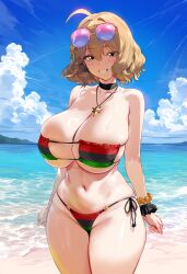 ai_generated anis_(nikke) beach big_breasts bikini bikini_top breasts cheating dark_skin goddess_of_victory:_nikke himeno interracial netorare ntr pan_african_flag_bikini short_hair slutty_clothing slutty_outfit smile smiling_at_viewer summer thick_ass thick_hips thick_legs thick_thighs white_body white_skin yellow_eyes