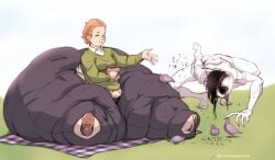 2girls abigail_(cantankeravian) ass bottom_heavy cantankeravian edie_(cantankerous_avian) fat female huge_ass huge_thighs meat_wall_(body_type) multiple_girls red_hair redhead sitting thighs