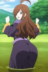 1girls ahoge ai_generated amber_eyes artkoikoi ass big_ass brown_hair clothed clothed_female day daytime female head_turned koikoi kono_subarashii_sekai_ni_shukufuku_wo! light-skinned light-skinned_female light_skin sky standing standing_in_water tagme trees water wiz_(konosuba)