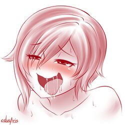 1girls ahe_gao black_hair blue_eyes blush cheerleader cslucaris cute drooling female female_only monochrome naughty_face nude ruby_rose rwby saliva saliva_trail sexually_suggestive short_hair solo spot_color sweat teenager tongue tongue_out white_background