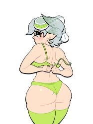 1girls ass big_ass birthmark bra bubble_butt ear_piercing earrings fat_ass female female_only inkling inkling_girl large_ass legwear light-skinned_female light_skin looking_at_viewer looking_back lovetopullmicke marie_(splatoon) mole_on_ass panties piercing solo splatoon thick_ass thick_thighs thighhighs undressing wide_hips