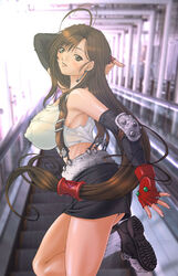 antenna_hair belt blush breasts brown_hair camisole crop_top earrings elbow_gloves erect_nipples_under_clothes female female_only final_fantasy final_fantasy_vii fingerless_gloves footwear fumizuki_misoka gloves huge_breasts human jewelry leg_lift long_hair low-tied_long_hair midriff miniskirt no_bra panties ponytail ribs see-through shoes skirt smile sneakers socks solo straight_hair suspenders tied_hair tifa_lockhart underwear very_long_hair yellow_eyes