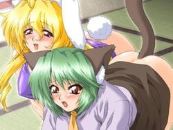 2girls all_fours animal_ears blush bottomless bunny_ears bunny_tail cat_ears cat_tail dimples_of_venus dog_ears female female_only game_cg green_hair hanabi hanabi_(let's_meow_meow) let's_meow_meow lipstick long_hair makeup minna_de_nyan_nyan minna_de_nyan_nyan! multiple_girls necktie open_mouth shinju shinju_(let's_meow_meow) short_hair studio_sunadokei sweat tail