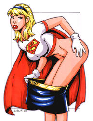 2007 ass blonde_female blonde_hair blue_eyes dc dc_comics female garrett_blair gloves hair linda_danvers long_hair looking_at_viewer navel skin_tight supergirl superman_(series) white_female