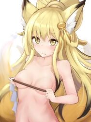 big_breasts breasts collarbone completely_naked completely_nude completely_nude_female covered_nipples fox_ears fox_girl fox_tail gohei hair_ornament himeyuri_(the_battle_cats) kitsune looking_at_viewer multicolored_fur multiple_tails naked nude shy tagme tail the_battle_cats tsujill yellow_eyes yellow_fur yellow_hair