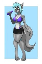 anthro awkward bikini blue_hair border breasts brown_eyes canine clothing dildo female fur green_eyes grey_fur hair heterochromia looking_down mammal michael345 pants sex_toy simple_background solo swimsuit white_border wolf