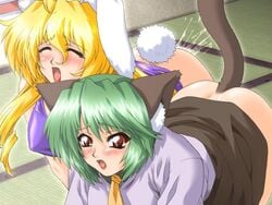 2girls all_fours animal_ears blush bottomless bunny_ears bunny_tail cat_ears cat_tail dimples_of_venus dog_ears female female_only game_cg green_hair hanabi hanabi_(let's_meow_meow) let's_meow_meow lipstick long_hair makeup minna_de_nyan_nyan minna_de_nyan_nyan! multiple_girls necktie open_mouth shinju shinju_(let's_meow_meow) short_hair studio_sunadokei sweat tail