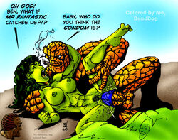 1boy 1girls 2002 being_watched big_breasts breasts cigar condom dead_dog dialogue fantastic_four green_hair green_skin hulk_(series) humor impossible_man long_hair marvel marvel_comics multiple_boys nipples nude penetration penis pubic_hair sandman_(marvel) sex she-hulk smoking spider-man_(series) spoon_position straight testicles text the_thing_(marvel) tight_pussy vaginal