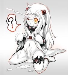 ? ahoge anklet barefoot covered_mouth cum cum_on_body cum_on_lower_body cumdrip dress dress_lift facial female flat_chest horns jewelry kantai_collection leg_band long_hair mimit mittens mound_of_venus navel northern_ocean_hime one_eye_closed orange_eyes pale_skin shinkaisei-kan sitting sleeveless sleeveless_dress solo speech_bubble spoken_question_mark wariza white_dress white_hair white_skin