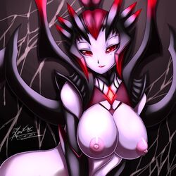 big_breasts black_hair blush breasts cleavage elise_kythera_zaavan female helmet large_breasts league_of_legends light_smile mn_xenx nipples pale_skin puffy_nipples red_eyes red_hair short_hair signature solo spider_girl spider_web