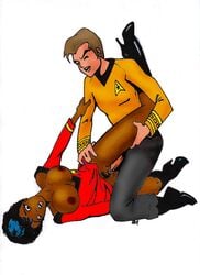 artist_signature big_breasts blush boots bryon_ray dark_skin duo female golden_shirt human interracial james_t._kirk male no_panties nyota_uhura red_shirt star_trek star_trek_the_original_series starfleet_insignia starfleet_uniform vaginal_penetration