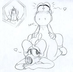 1boy 1girls anal anal_sex big_nose birdo blush bow claws cum female furry heart hope(n_forever) male mario_(series) nintendo penis sketch smooth_skin spots yoshi