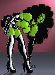 1girls 2002 big_breasts big_hair black_boots boots breasts dress elbow_gloves female female_only gloves green_hair green_skin high_heel_boots hulk_(series) latex latex_gloves long_gloves marvel marvel_comics nipples open_dress she-hulk shiny_clothes solo thigh_boots thighhighs tom_burgos