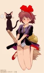 1girls 2003 blush bow breasts broom broom_riding brown_hair cat clothing color dress female hairband hairbow human jiji_(kiki's_delivery_service) kiki kiki's_delivery_service kikumaru_bunta light-skinned_female light_skin panties short_hair studio_ghibli sweatdrop upskirt witch