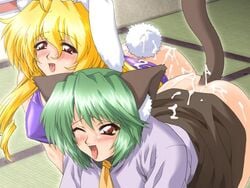 2girls all_fours animal_ears blush bottomless bunny_ears bunny_tail cat_ears cat_tail dimples_of_venus dog_ears female female_only game_cg green_hair hanabi hanabi_(let's_meow_meow) let's_meow_meow lipstick long_hair makeup minna_de_nyan_nyan minna_de_nyan_nyan! multiple_girls necktie open_mouth shinju shinju_(let's_meow_meow) short_hair studio_sunadokei sweat tail