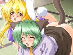 2girls all_fours animal_ears blush bottomless bunny_ears bunny_tail cat_ears cat_tail dimples_of_venus dog_ears female female_only game_cg green_hair hanabi hanabi_(let's_meow_meow) let's_meow_meow lipstick long_hair makeup minna_de_nyan_nyan minna_de_nyan_nyan! multiple_girls necktie open_mouth shinju shinju_(let's_meow_meow) short_hair studio_sunadokei sweat tail