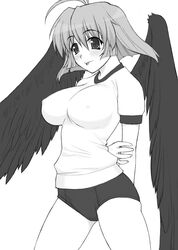 :p blush buruma erect_nipples gym_uniform kamyu_(utawarerumono) monochrome shichimenchou solo tongue tongue_out utawarerumono wings