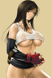 breasts brown_eyes brown_hair elbow_gloves erect_nipples female female_only final_fantasy final_fantasy_vii fumizuki_misoka gloves huge_breasts human large_breasts long_hair midriff nipples no_panties no_pussy novagina see-through smile solo straight_hair tank_top tifa_lockhart underboob