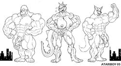 anthro anthro_only atariboy extreme_muscles george_(rampage) lizzie_(rampage) monochrome muscle_fetish nipples penis pussy ralph_(rampage) rampage_(game) testicles