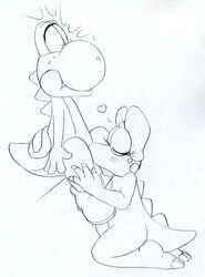 1boy 1girls big_nose birdo blowjob bow claws closed_eyes fellatio female hope(n_forever) implied_fellatio implied_oral male mario_(series) monochrome nintendo oral shoes sketch spikes spots straight_hair sucking tail yoshi