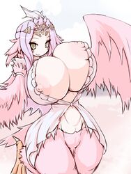 57mm breasts female green_eyes harpy huge_breasts long_hair mon-musu_quest! monster_girl monster_girl_quest nipples queen_harpy_(mon-musu_quest!) smile solo