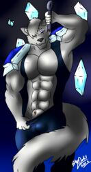 2016 animal_genitalia anthro bulge canine clothing fur league_of_legends looking_at_viewer mace male mammal melee_weapon pecs penis riverwalker simple_background smile solo standing sylphin_drakil video_games weapon