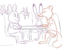 2017 anthro canine clothed clothing crossed_arms disney erection father female foot_fetish footjob fox group judy_hopps lagomorph male mammal nick_wilde pants pants_down parent partially_clothed penis public rabbit restricted_palette sex simple_background sitting smile stealth_sex stu_hopps table tggeko under_the_table white_background young zootopia