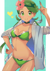 1girls bikini blue_background bow_panties bra breasts cleavage dark-skinned_female dark_skin eyebrows_visible_through_hair eyelashes female female_only flower flower_on_head green_background green_bikini green_bra green_eyes green_hair green_panties hachirobe hair_flower hair_ornament hairband hand_on_hip hand_on_hips headband heart hips holding hood hoodie human ladle looking_at_viewer mallow_(pokemon) midriff navel nintendo panties pokemon pokemon_sm shiny shiny_skin smile solo standing stomach swimsuit tan_skin tied_hair trial_captain twintails underwear white_border