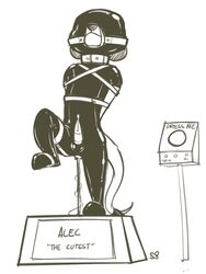 1boy 2016 alec's_meerkat alec8ter anthro ball_gag balls black_and_white bondage clothing cum disney english_text fan_character furry gag male male_only penis simple_background solo text white_background zootopia