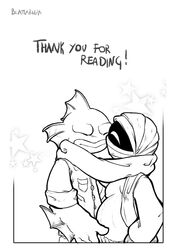 anthro blattarieva breasts closed_eyes clothed clothing comic english_text female fish_(nuclear_throne) greyscale hug male marine monochrome nipples nuclear_throne pregnant rebel_(nuclear_throne) romantic_couple scalie signature standing straight text topless