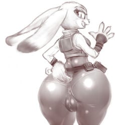 anthro anus ass big_ass big_butt black_and_white cameltoe clothed clothing disney female hoihoi huge_butt judy_hopps lagomorph looking_back lowres mammal pantylines pussy rabbit tights white_background wide_hips zootopia