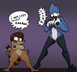 2017 2girls anthro areola avian beak bird blue_feathers blue_jay breasts brown_fur cartoon_network corvid dialogue english_text feathers female female_only fur furry furry_only gradient_background larger_female legs mammal mordecai mordecai_(regular_show) mordette_(benson_dancing) naked navel nipples nude open_mouth pussy raccoon regular_show rigbette_(benson_dancing) rigby rule_63 size_difference smaller_female tail teeth text thingshappen tongue wide_stance yelling