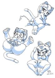 1girls 2015 anthro anus breasts coolblue cum domestic_cat feline female fur furry helmet mammal monochrome nipple penis pizzacat polly_esther pussy samurai_pizza_cats spread_legs spread_pussy sweat tail