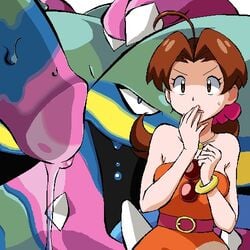 1boy 1girls ahoge alolan_muk ambiguous_gender bare_shoulders blue_eyes bracelet breasts brown_eyes brown_hair clothed clothing delia_ketchum_(pokemon) dress eyelashes female gomatarou human long_hair male milf mother muk necklace nintendo open_mouth penis penis_awe pokemon pokemon_sm pokephilia ponytail precum slime slime_monster sweat wet