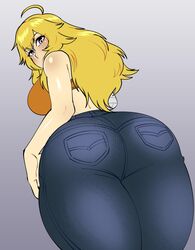 1girls ass big_ass breasts cleavage dat_ass dynamo-x female female_only jeans looking_at_viewer looking_back rwby solo yang_xiao_long