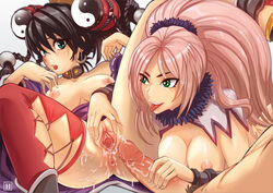 2girls anesha anus aqua_eyes ar_tonelico black_hair blush braid breasts clothing collar cross_edge crossover cum cum_on_pussy earrings green_eyes hair_ornament hmage large_breasts long_hair male misha_arsellec_lune multiple_girls nipples open_clothes penis pink_hair ponytail pubic_hair pussy scrunchie single_thighhigh spread_legs spread_pussy stockings thighhighs threesome tied_hair tongue tongue_out twin_braids