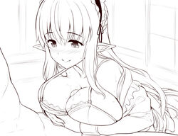 1boy bangs blush bra breast_squeeze breasts closed_mouth collarbone eyebrows_visible_through_hair female full-face_blush hair_between_eyes half-closed_eyes indoors line_art long_hair looking_down maid maid_headdress monochrome original paizuri paizuri_under_clothes penis pointy_ears precum shirt_slip sketch smile solo_focus sweat sweatdrop underwear uni8 upper_body