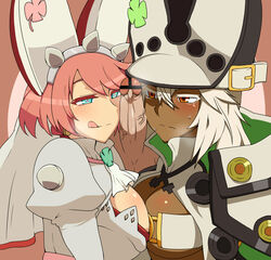 1boy 2girls bar_censor blush breasts censored closed_mouth dark-skinned_female dark_skin elphelt_valentine erection female guilty_gear guilty_gear_xrd heart heart-shaped_pupils large_breasts licking_lips mantan multiple_girls orange_eyes pink_hair pointless_censoring ramlethal_valentine shiny shiny_skin sweat symbol-shaped_pupils testicles tongue tongue_out upper_body veins white_hair