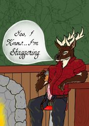 antlers bar belt caligraphy cervine cigar clothing deer digital_media_(artwork) fire fur glass horn humor ice invalid_tag light mammal pants penis pun shirt stone stool text thunderstag yaoi