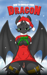 anthro anthrofied ass_visible_through_thighs blush bottomless candy candy_cane christmas dragon dreamworks dress female food green_eyes green_sclera harness hat holidays how_to_train_your_dragon membranous_wings night_fury pussy ribbons rule_63 santa_hat scalie snow toothless wings yiffmasters