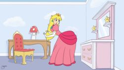 1girls animated ass_shake ass_slap big_ass big_butt butt_slap clothed clothing crown dat_ass dress earrings elbow_gloves female female_only fully_clothed gloves human indoors jewelry letitmelo looking_back mario_(series) mirror nintendo pink_dress princess_peach slap solo standing super_mario_bros. white_gloves