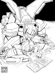 alien autobot bed book cybertronian decepticon female from_behind_position humanoid machine male mecha monochrome on_bed robot sex shhhh_quiet simple_background smile starscream straight teeth transformers windblade wings