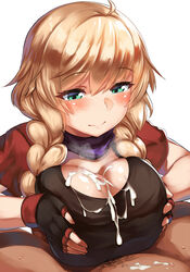 1boy bangs belko blonde_hair blush braid breast_squeeze breasts closed_mouth cum ejaculation_between_breasts female fingerless_gloves gloves green_eyes kanpani_girls large_breasts loviisa_kiesi nose_blush paizuri paizuri_under_clothes pubic_hair shaun_(fallenicons) shirt short_sleeves solo_focus tied_hair twin_braids upper_body