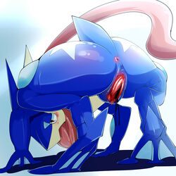 1:1 alternate_version_at_source anthro anus bent_over bodily_fluids clitoris crouching digitigrade erect_clitoris female geiru_mirua genital_fluids genitals glistening glistening_body greninja half-closed_eyes hi_res long_tongue membrane_(anatomy) narrowed_eyes nino_onodera nintendo pokémon_(species) pokemon pokemon_(species) pussy pussy_juice pussy_juice_string red_eyes solo tongue tongue_out video_games webbed_feet webbed_hands