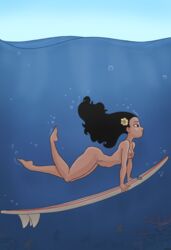 barefoot black_eyes black_hair breasts casual dark-skinned_female dark_skin disney female flower haich hair_flower human lilo_and_stitch long_hair nani_pelekai nipples nude nudist ocean outdoors solo straight_hair surfboard underwater water