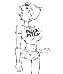 1girls cartoon_network clothed croptop first-second gem_(species) huge_breasts mega_milk midriff pearl_(steven_universe) shorts solo solo_female solo_focus steven_universe tight_clothing